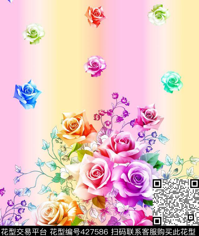 定位电脑喷绘玫瑰云纹多色过度淡雅底纹数码印花华亿平台下载（图片编号: 427586） - 瓦栏（Walan）