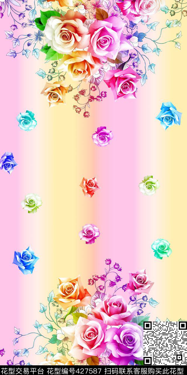 定位电脑喷绘玫瑰云纹多色过度淡雅底纹数码印花华亿平台下载（图片编号: 427587） - 瓦栏（Walan）