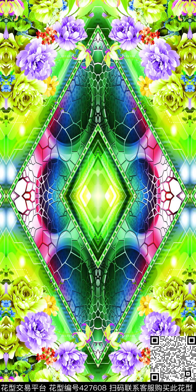 英伦风手绘花卉牡丹几何绚丽对翻底纹数码印花华亿平台下载（图片编号: 427608） - 瓦栏（Walan）