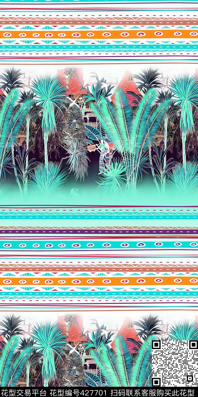 几何图案热带椰树休闲风数码印花华亿平台下载（图片编号: 427701） - 瓦栏（Walan）