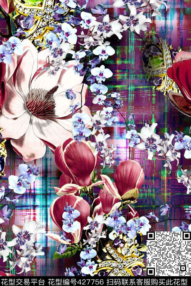 时尚格子玉兰花数码印花华亿平台下载（图片编号: 427756） - 瓦栏（Walan）