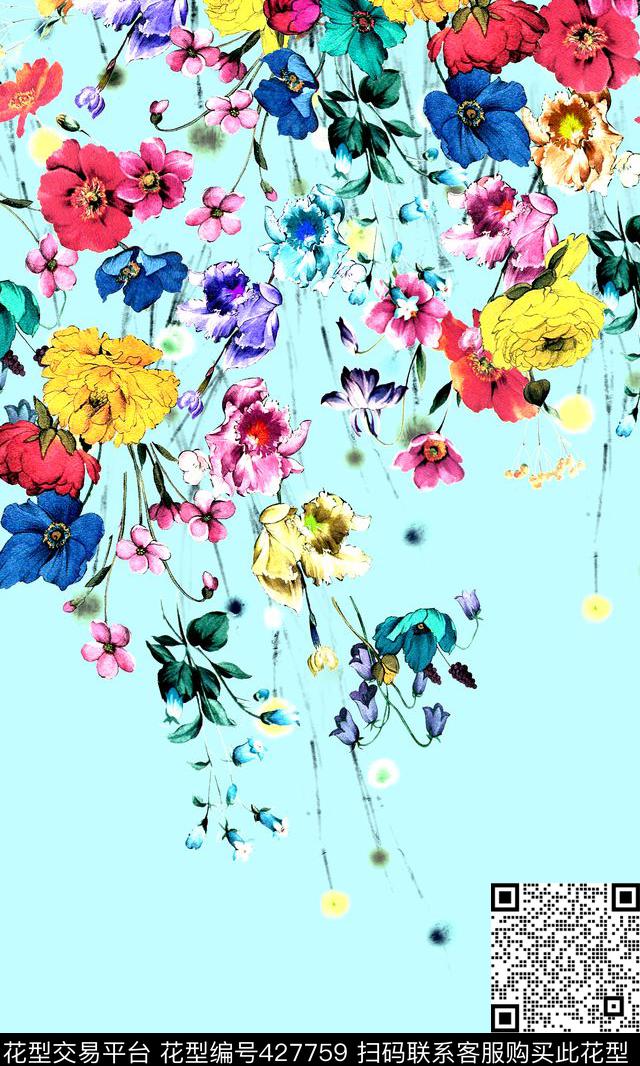 时尚手绘花卉数码印花华亿平台下载（图片编号: 427759） - 瓦栏（Walan）