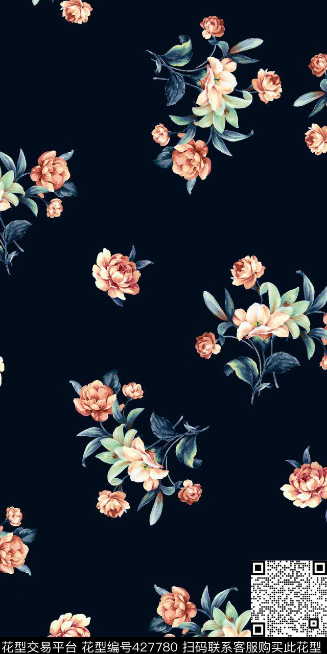 时尚平底手绘花数码印花华亿平台下载（图片编号: 427780） - 瓦栏（Walan）