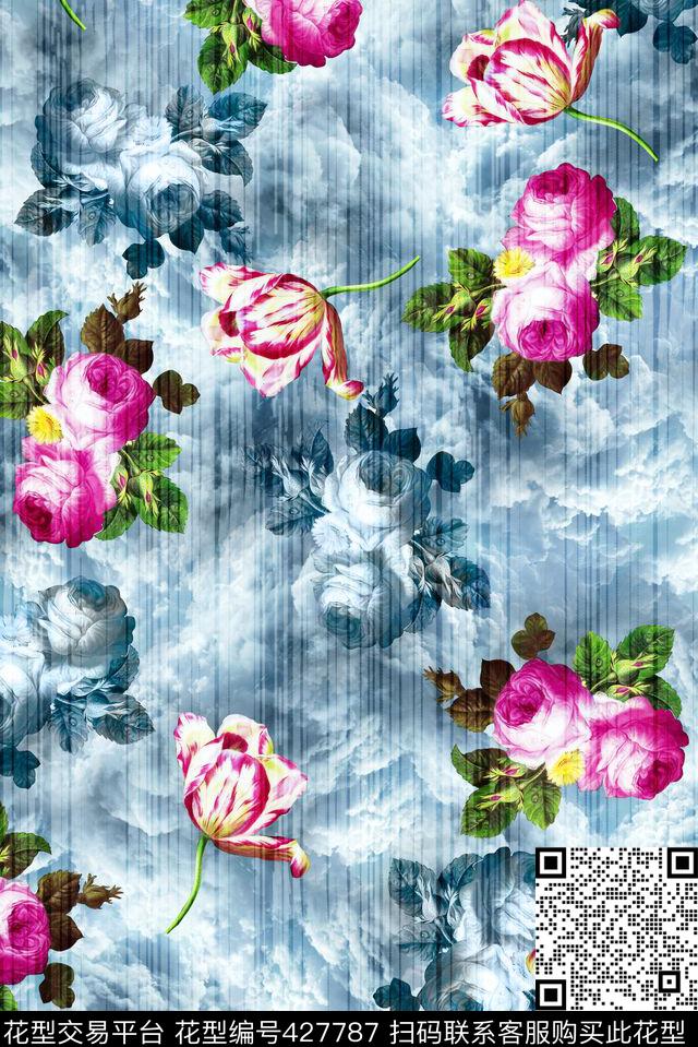 清新女装花卉手绘花、云层、渐变数码印花华亿平台下载（图片编号: 427787） - 瓦栏（Walan）