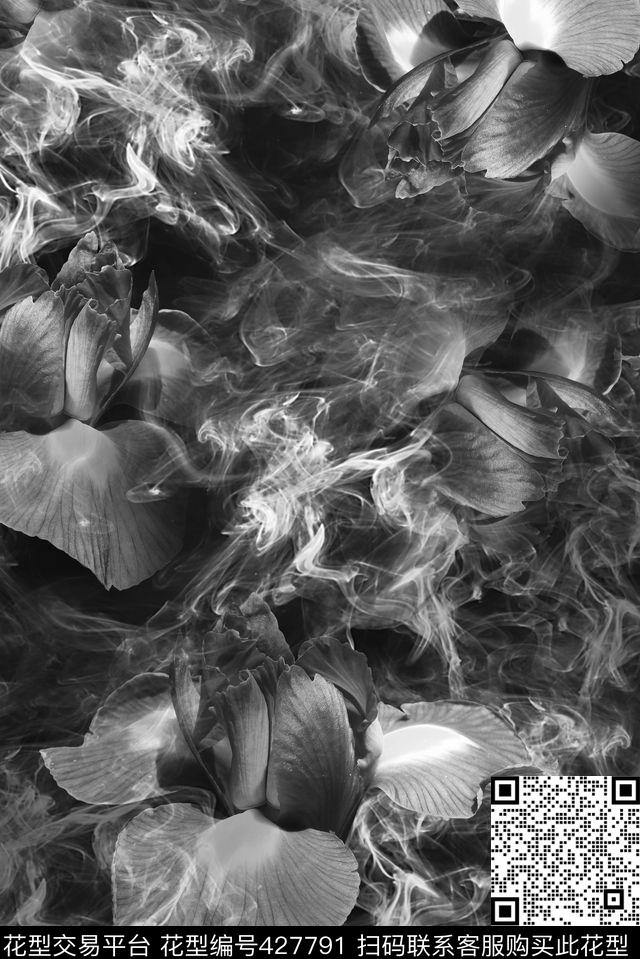 烟雾、花卉、灰色烟雾花卉简洁黑白数码印花华亿平台下载（图片编号: 427791） - 瓦栏（Walan）