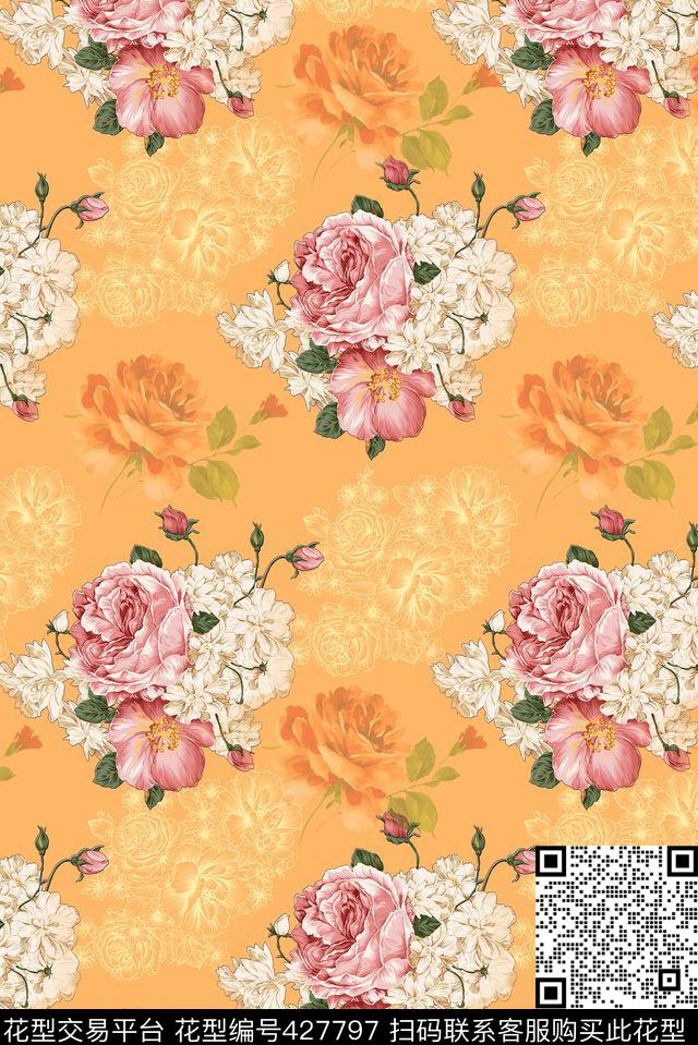 撇丝花卉时尚简约手绘大花数码印花华亿平台下载（图片编号: 427797） - 瓦栏（Walan）