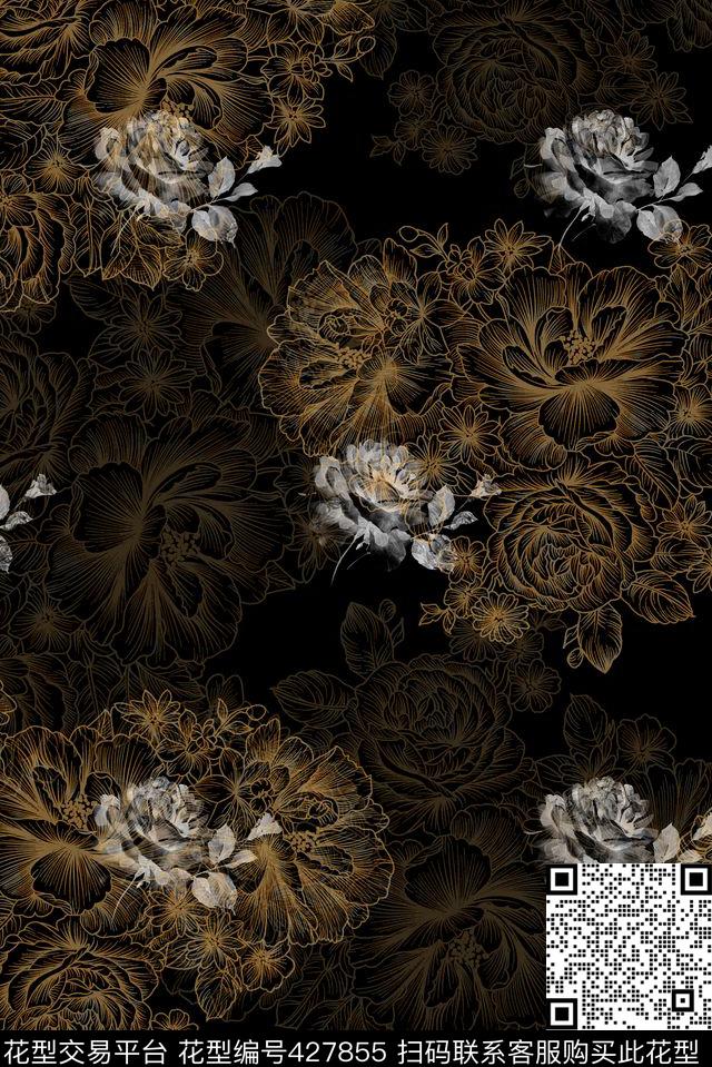 复古撇丝大花绚丽数码印花华亿平台下载（图片编号: 427855） - 瓦栏（Walan）