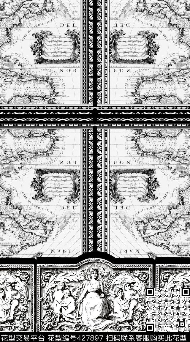 欧式宫廷风黑白色调古代地图传统印花华亿平台下载（图片编号: 427897） - 瓦栏（Walan）