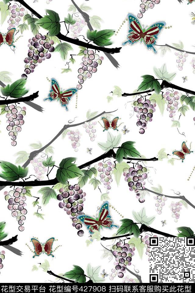 大气绿色清新绿葡萄蝴蝶古典中国风数码印花华亿平台下载（图片编号: 427908） - 瓦栏（Walan）