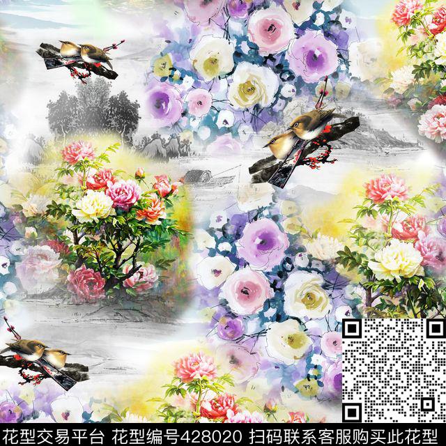 手绘麻雀手绘牡丹写艺数码印花华亿平台下载（图片编号: 428020） - 瓦栏（Walan）