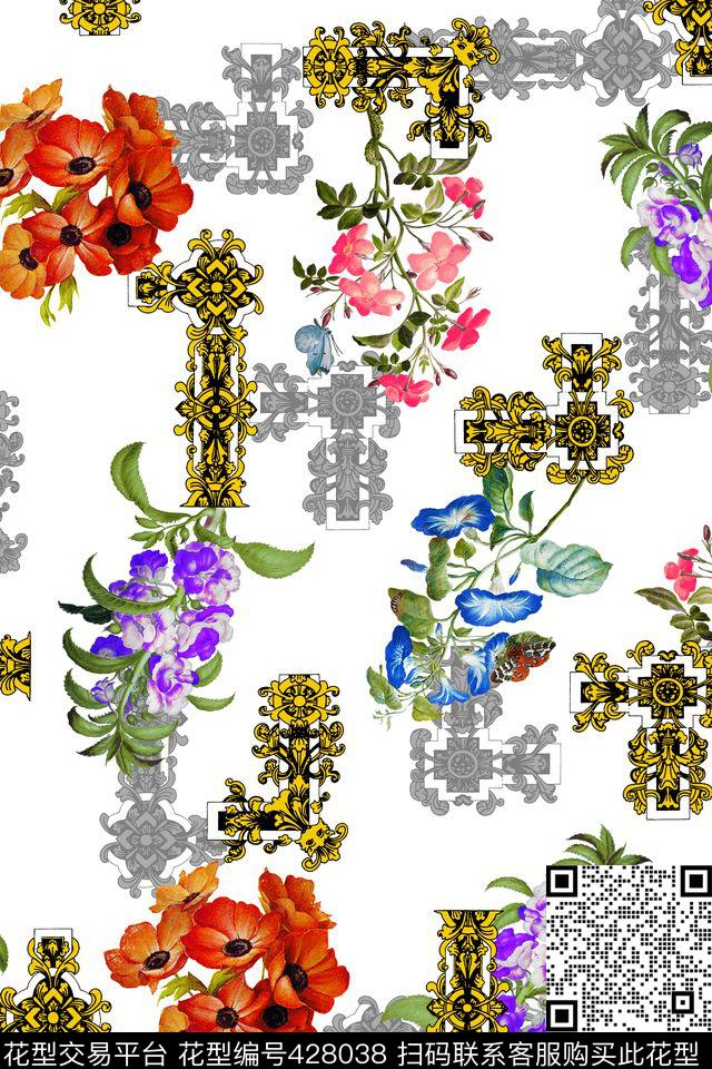 欧式金色花纹水彩花卉几何拼接数码印花华亿平台下载（图片编号: 428038） - 瓦栏（Walan）