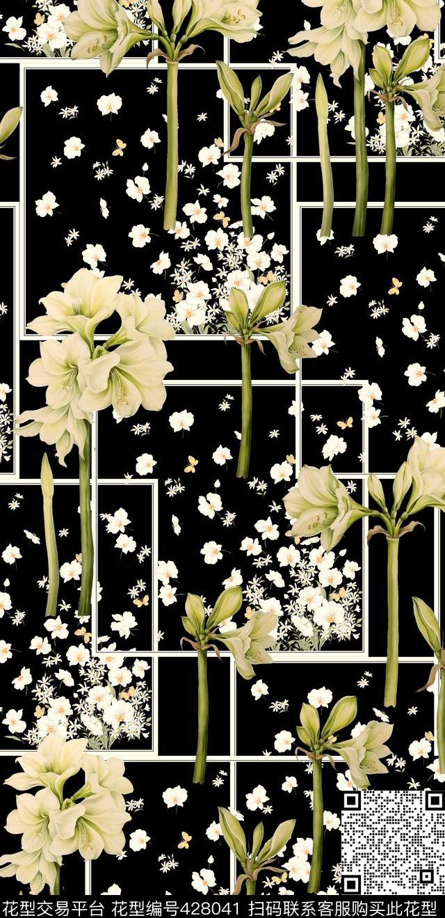方格手绘复古秋冬花卉数码印花华亿平台下载（图片编号: 428041） - 瓦栏（Walan）