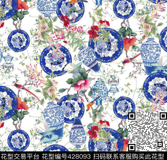 工笔画花卉青花瓷中国风数码印花华亿平台下载（图片编号: 428093） - 瓦栏（Walan）
