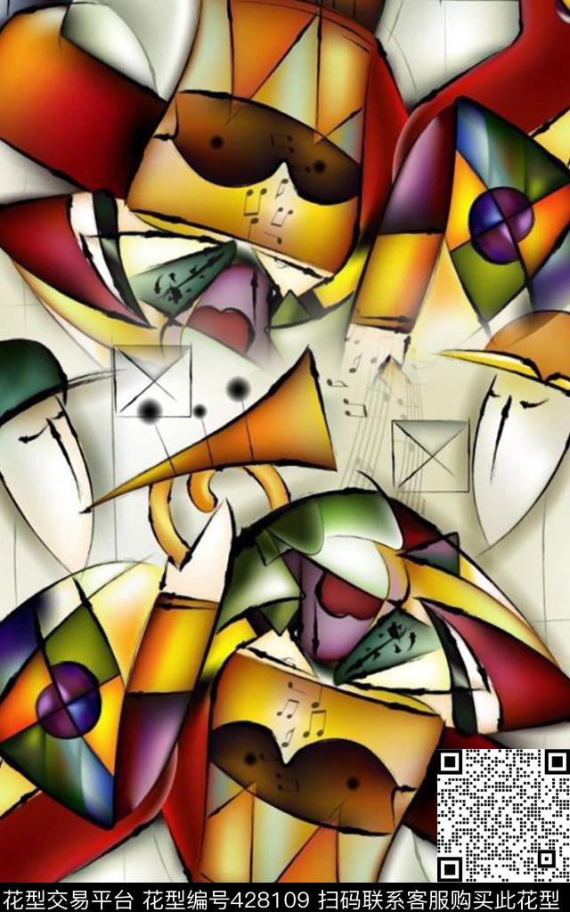 欧式人物乐器数码印花华亿平台下载（图片编号: 428109） - 瓦栏（Walan）