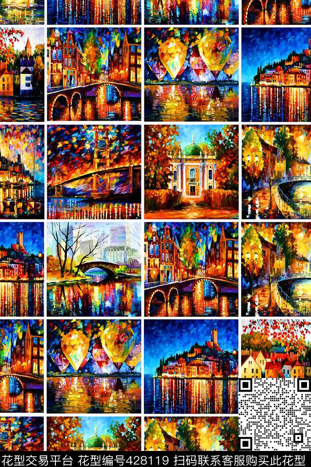 欧式房子河岸数码印花华亿平台下载（图片编号: 428119） - 瓦栏（Walan）