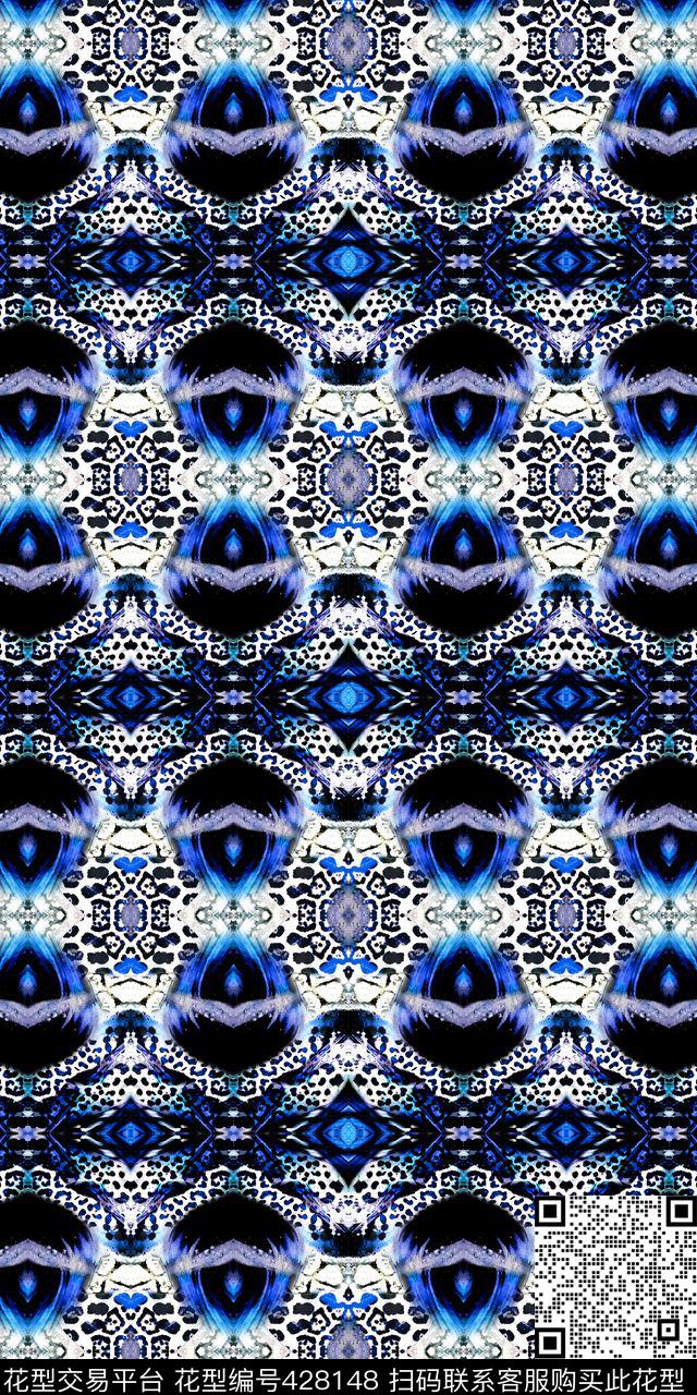 豹纹动物纹蓝色数码印花华亿平台下载（图片编号: 428148） - 瓦栏（Walan）