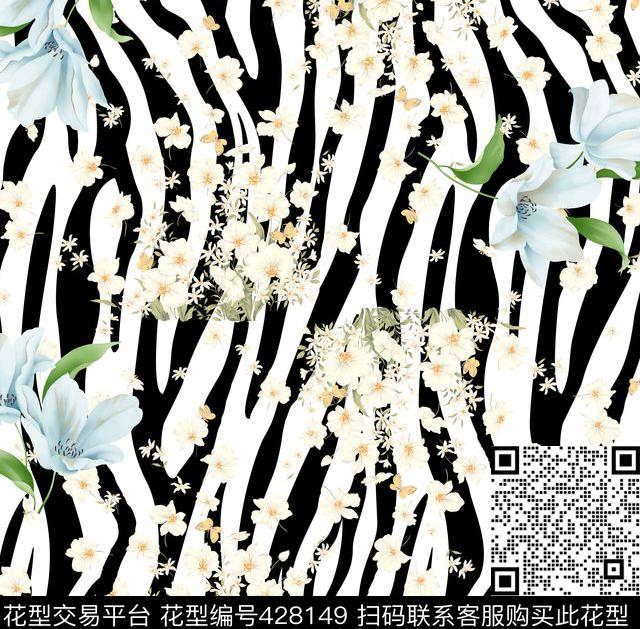 斑马纹花卉流行时尚数码印花华亿平台下载（图片编号: 428149） - 瓦栏（Walan）