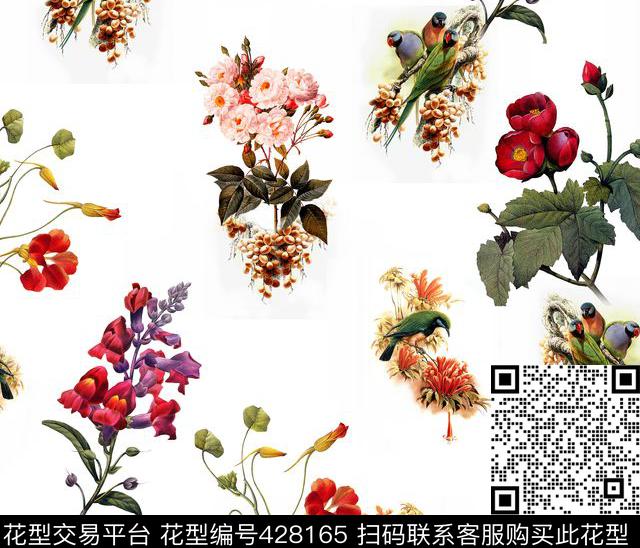花卉鸟手绘花绘数码印花华亿平台下载（图片编号: 428165） - 瓦栏（Walan）