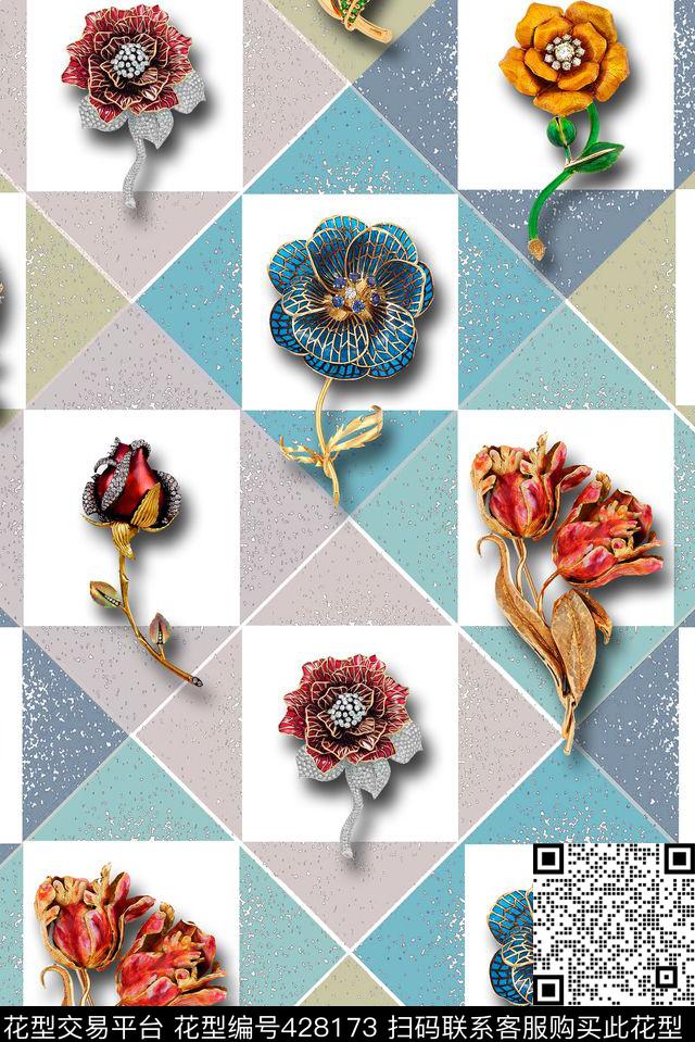 宝石格子花卉数码印花华亿平台下载（图片编号: 428173） - 瓦栏（Walan）