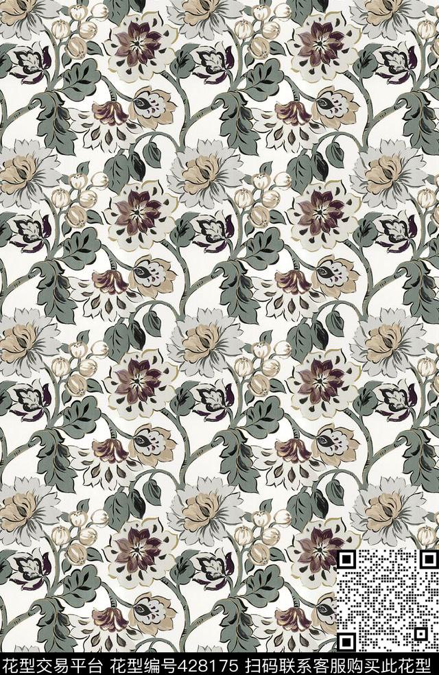 民族风花卉复古数码印花华亿平台下载（图片编号: 428175） - 瓦栏（Walan）
