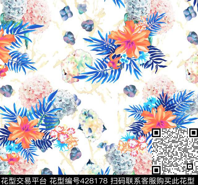 大花绣球花大叶片斑驳叠加手绘浪漫清新女性化数码印花华亿平台下载（图片编号: 428178） - 瓦栏（Walan）