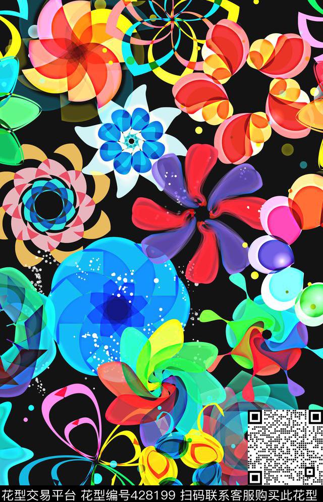 圆形色彩黑底数码印花华亿平台下载（图片编号: 428199） - 瓦栏（Walan）