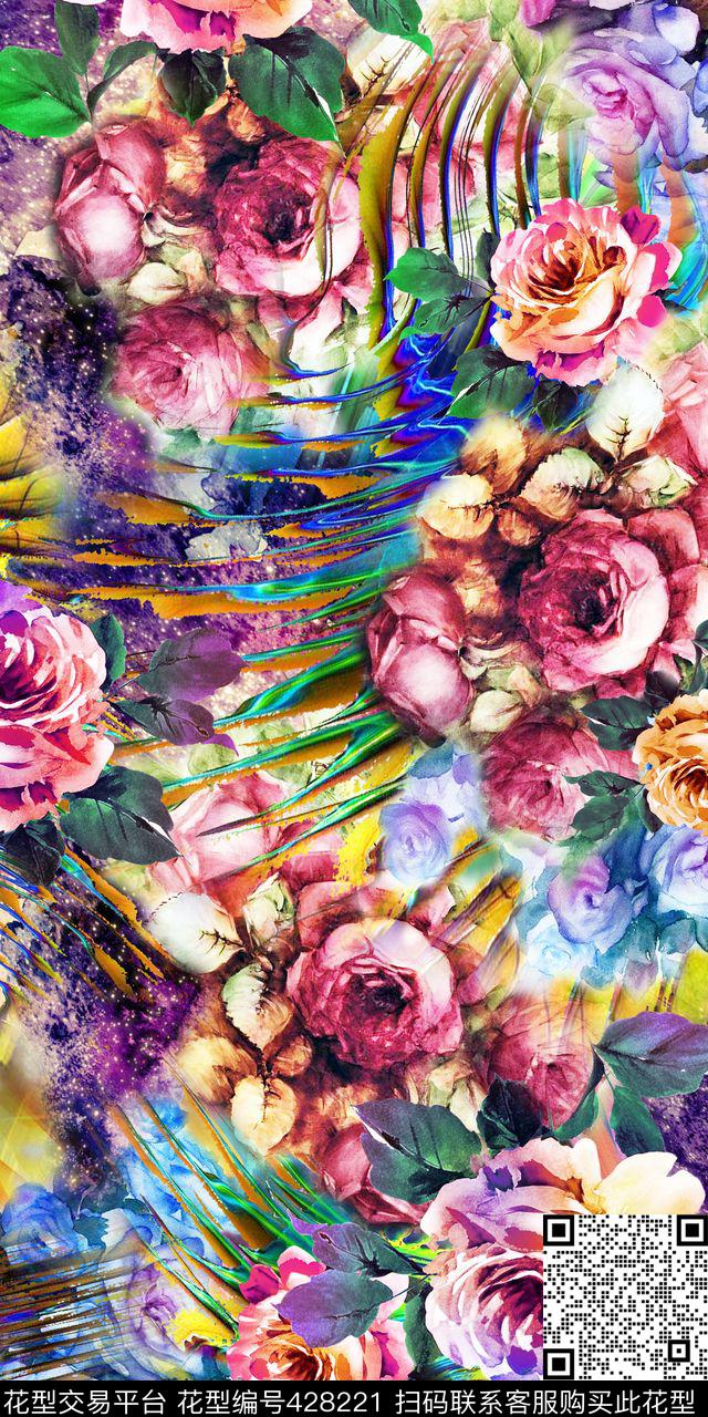 绚丽数码手绘花卉抽象底数码印花华亿平台下载（图片编号: 428221） - 瓦栏（Walan）