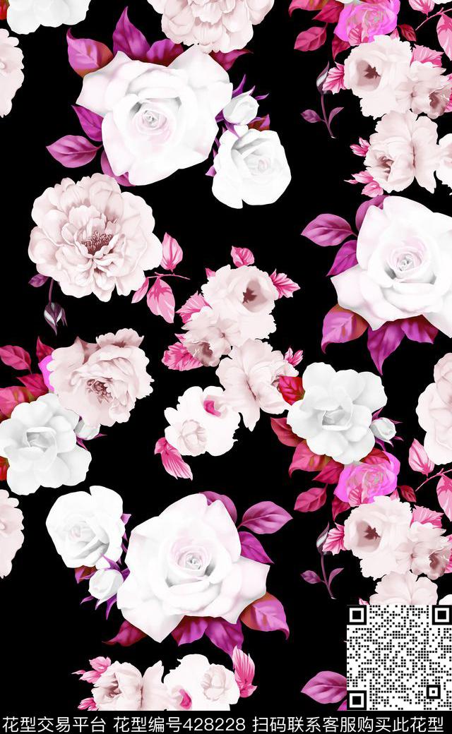高级灰花卉玫瑰花数码印花华亿平台下载（图片编号: 428228） - 瓦栏（Walan）