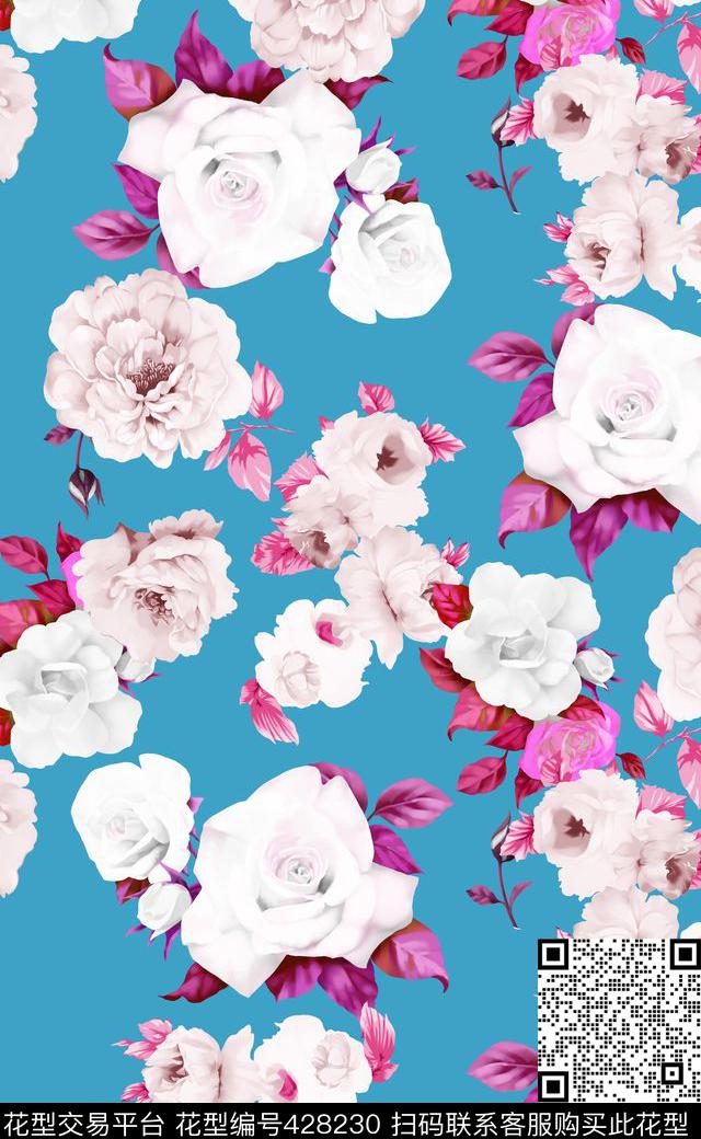 高级灰花卉玫瑰花数码印花华亿平台下载（图片编号: 428230） - 瓦栏（Walan）