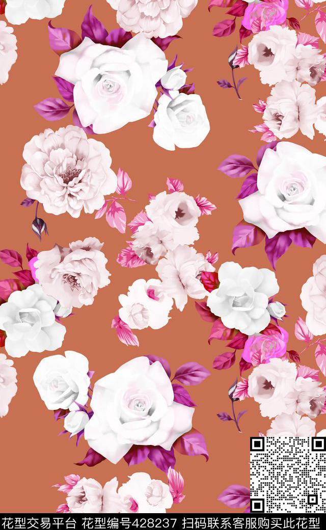 高级灰花卉玫瑰花数码印花华亿平台下载（图片编号: 428237） - 瓦栏（Walan）