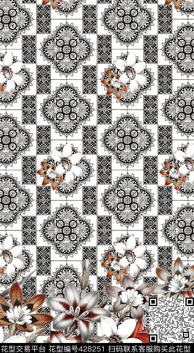 几何格子兰花时尚数码印花华亿平台下载（图片编号: 428251） - 瓦栏（Walan）