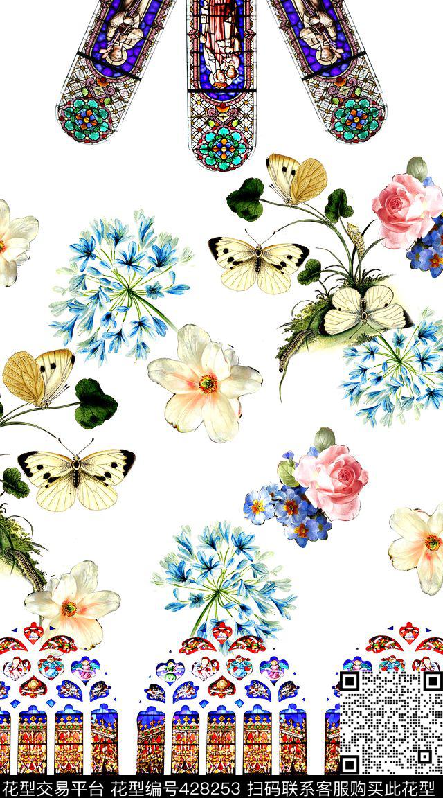 时尚花卉蝴蝶数码印花华亿平台下载（图片编号: 428253） - 瓦栏（Walan）