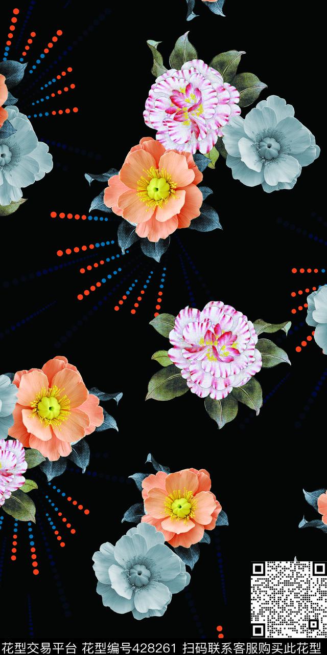 花卉平底团花数码印花华亿平台下载（图片编号: 428261） - 瓦栏（Walan）