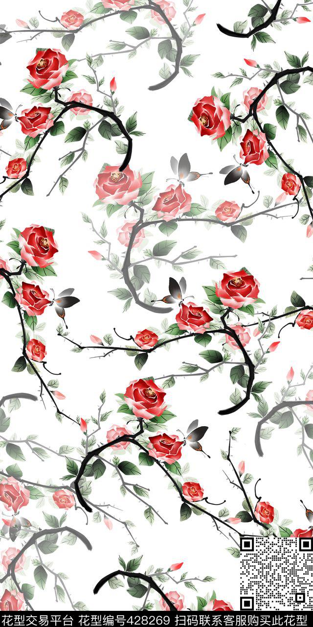 大气抽象水墨玫瑰清爽数码印花华亿平台下载（图片编号: 428269） - 瓦栏（Walan）