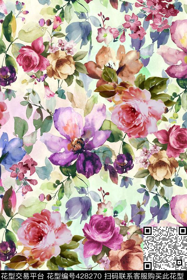 春夏款流行花卉手绘水彩数码印花华亿平台下载（图片编号: 428270） - 瓦栏（Walan）