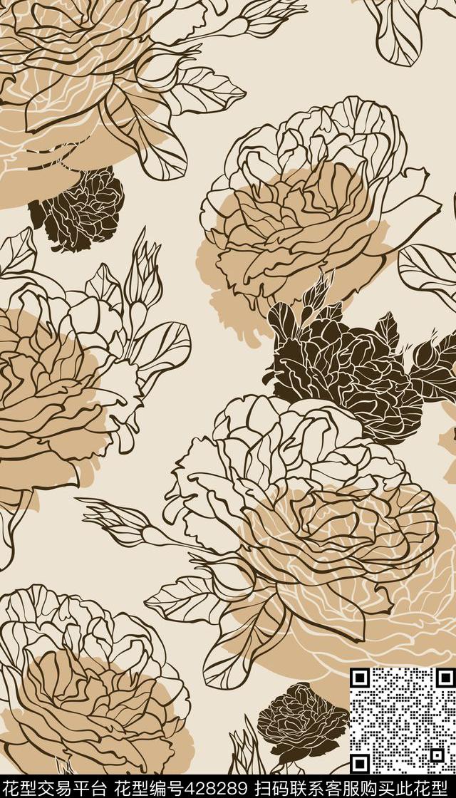 简单花卉画稿白描传统印花华亿平台下载（图片编号: 428289） - 瓦栏（Walan）