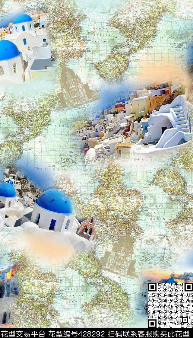 复古圣托里尼地图数码印花华亿平台下载（图片编号: 428292） - 瓦栏（Walan）
