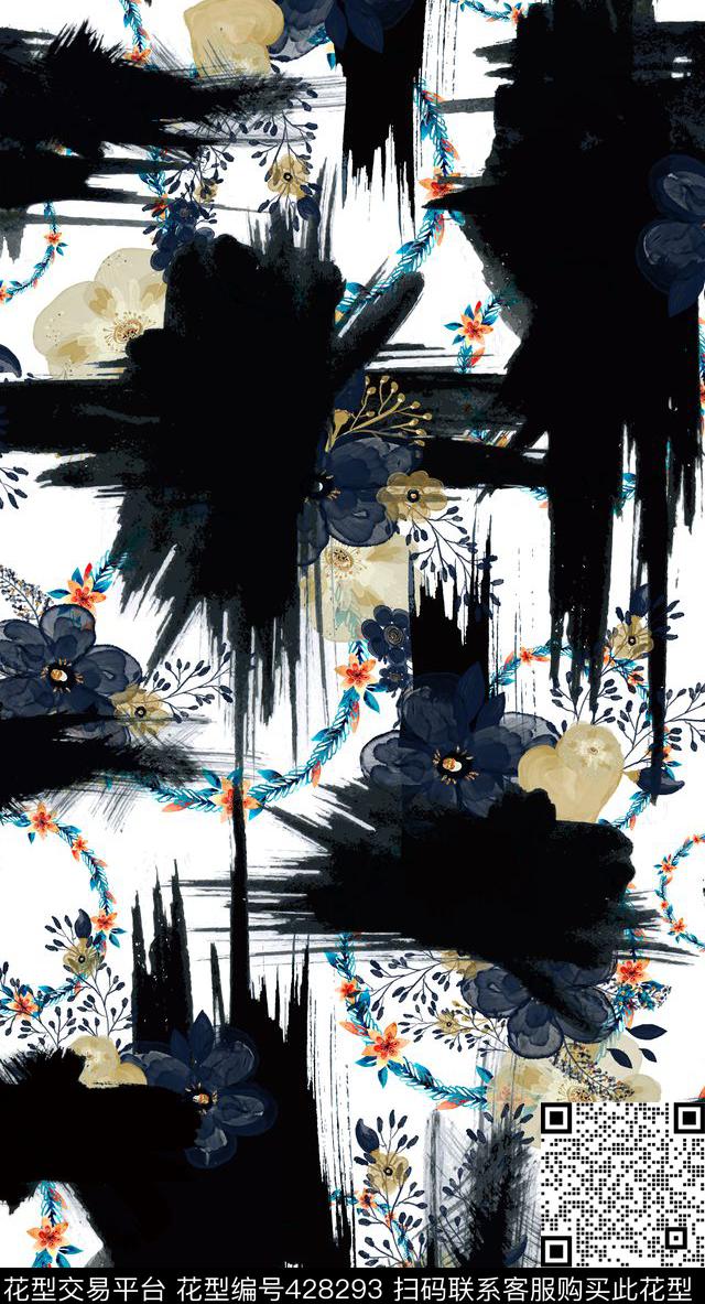 墨迹笔触花卉数码印花华亿平台下载（图片编号: 428293） - 瓦栏（Walan）