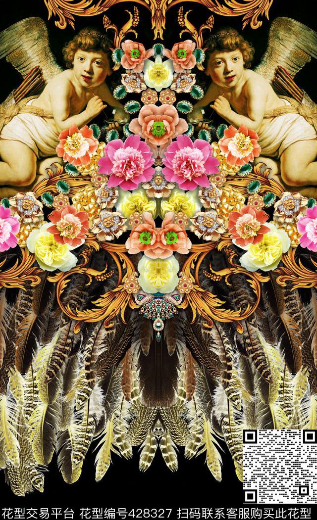 天使花卉羽毛数码印花华亿平台下载（图片编号: 428327） - 瓦栏（Walan）