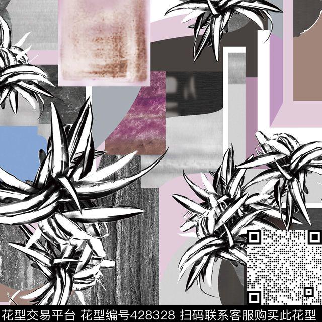 抽象植物几何数码印花华亿平台下载（图片编号: 428328） - 瓦栏（Walan）