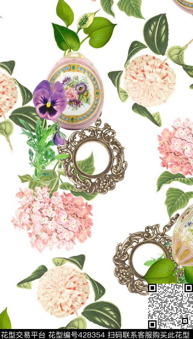 清新彩蛋花卉数码印花华亿平台下载（图片编号: 428354） - 瓦栏（Walan）