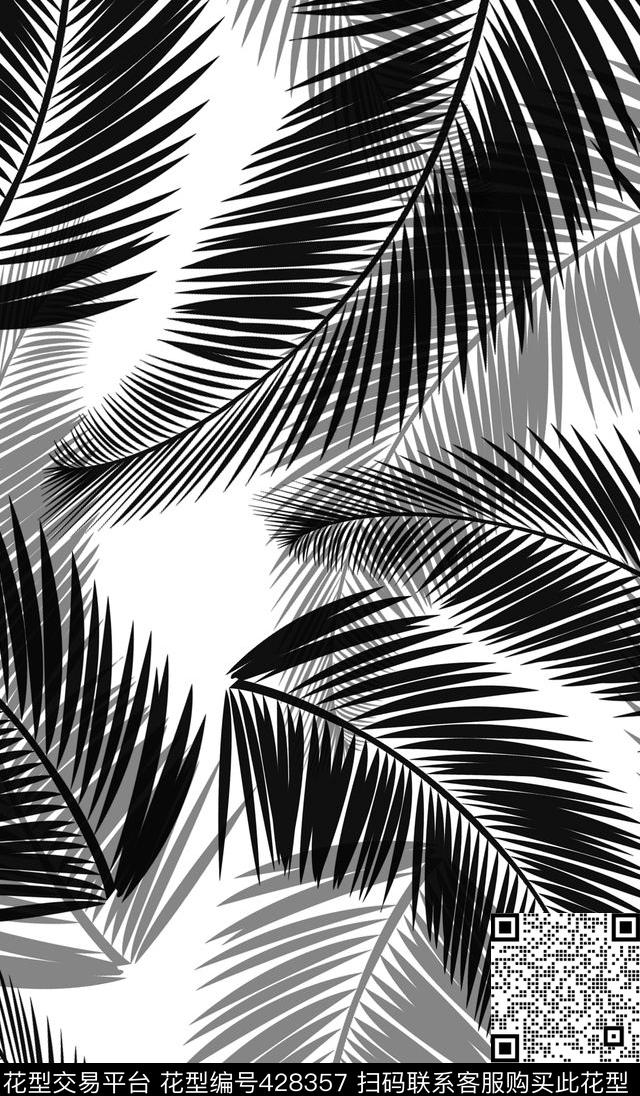 简洁时尚黑白棕榈叶传统印花华亿平台下载（图片编号: 428357） - 瓦栏（Walan）