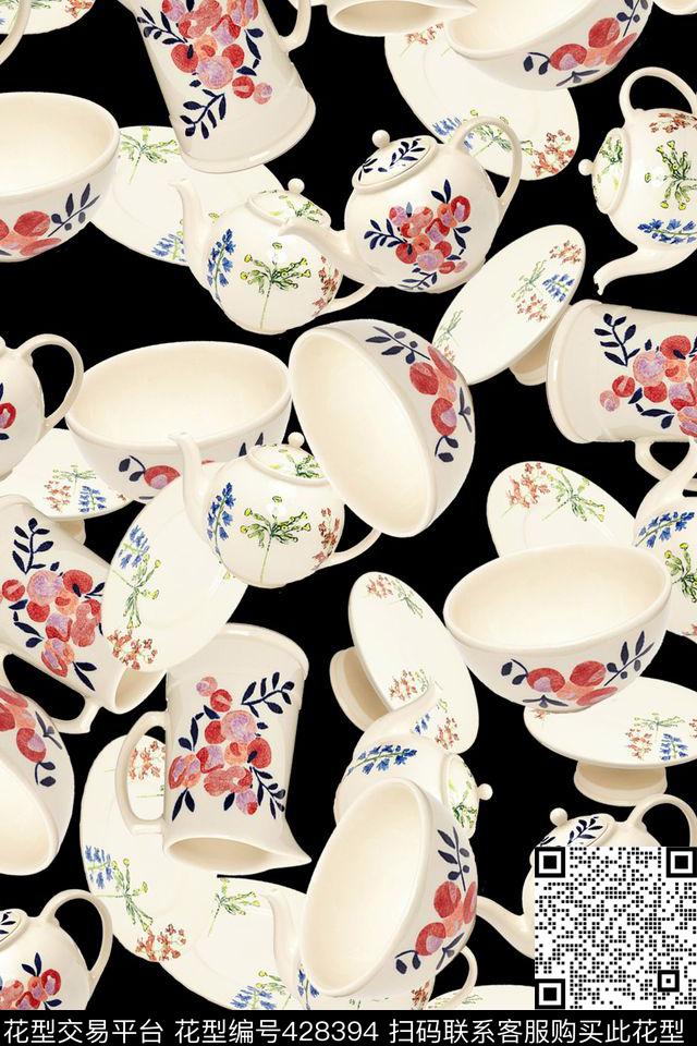 黑底彩色青花瓷数码印花华亿平台下载（图片编号: 428394） - 瓦栏（Walan）