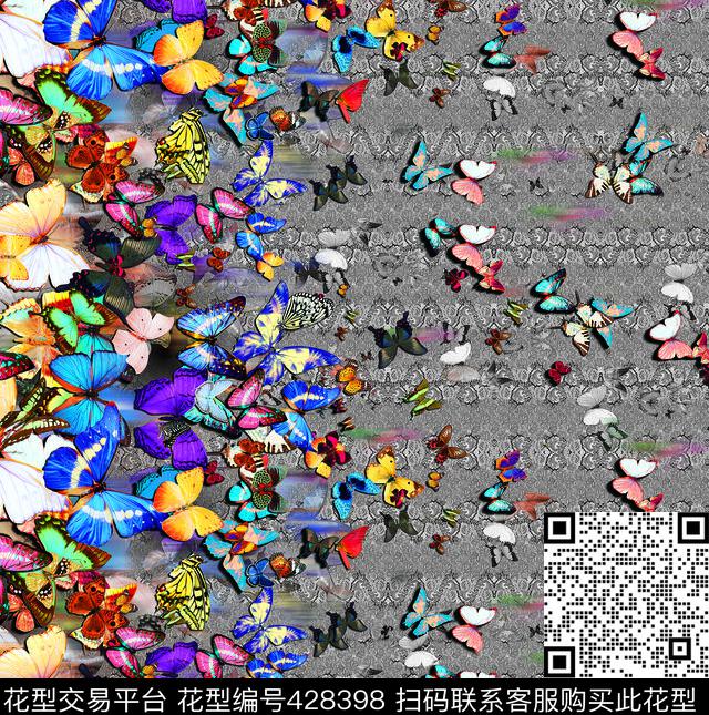 彩色蝴蝶动物组合灰色底纹数码印花华亿平台下载（图片编号: 428398） - 瓦栏（Walan）