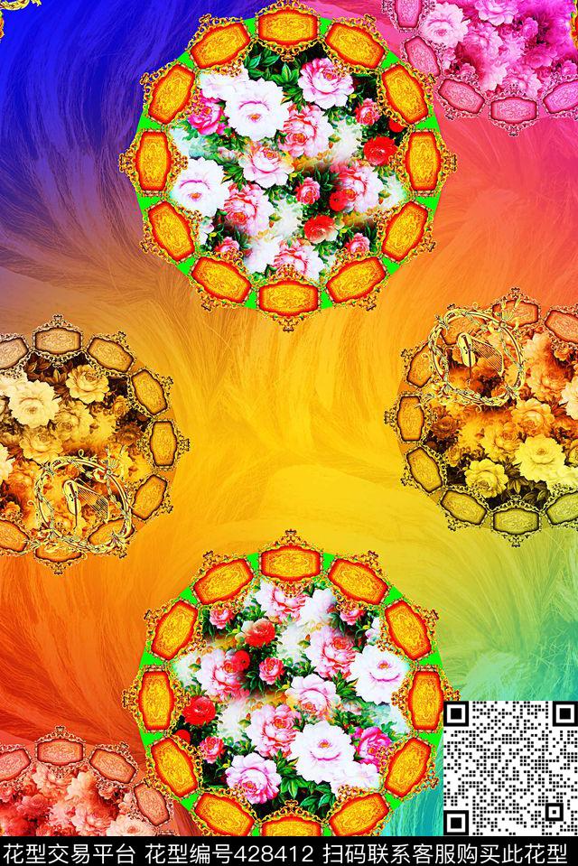 花卉黄蓝数码印花华亿平台下载（图片编号: 428412） - 瓦栏（Walan）