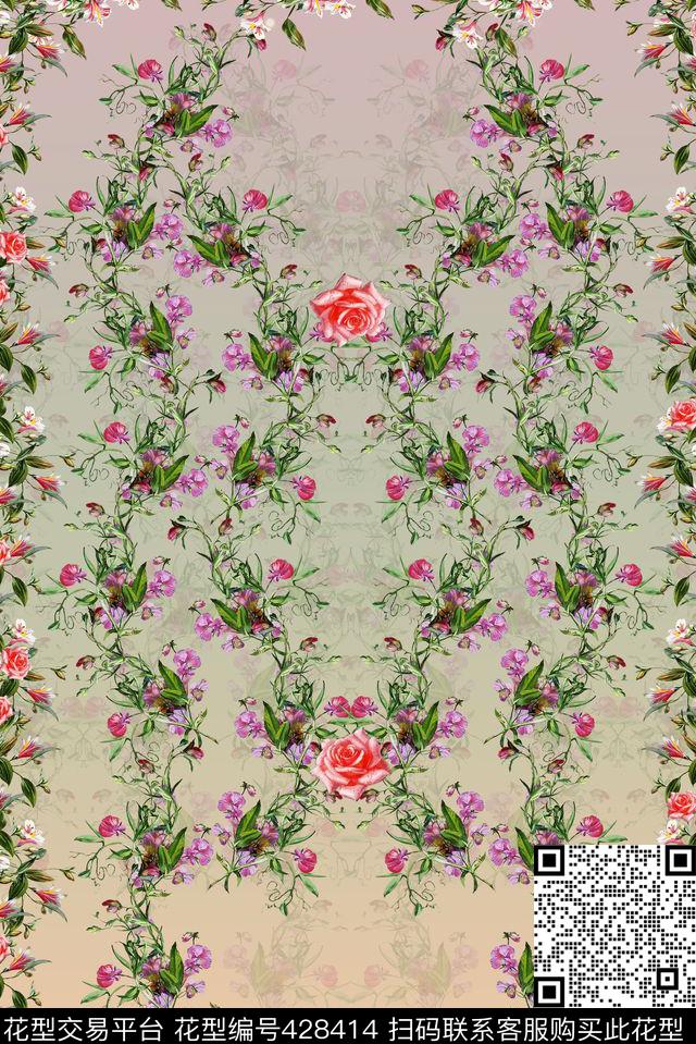 花卉绿彩色数码印花华亿平台下载（图片编号: 428414） - 瓦栏（Walan）
