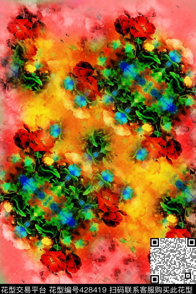 花卉绿彩色数码印花华亿平台下载（图片编号: 428419） - 瓦栏（Walan）