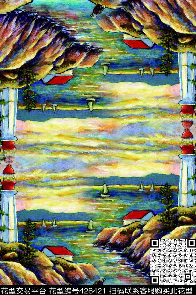 绿色组合热带风情风景数码印花华亿平台下载（图片编号: 428421） - 瓦栏（Walan）