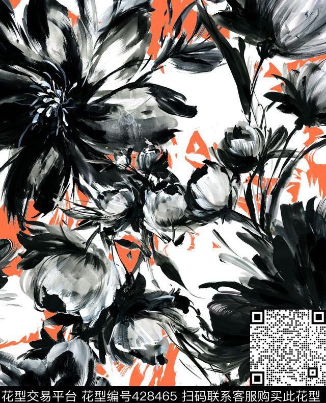 黑白手绘玫瑰花传统印花华亿平台下载（图片编号: 428465） - 瓦栏（Walan）