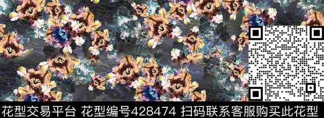 花卉组合灰黑粉黑数码印花华亿平台下载（图片编号: 428474） - 瓦栏（Walan）